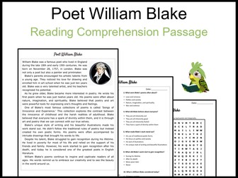 Poet William Blake Reading Comprehension and Word Search