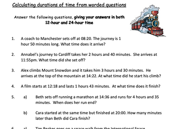 Calculating durations of time differentiated worksheets