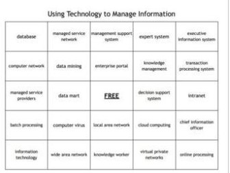 "Using Technology to Manage Information" Bingo set for a Business Course
