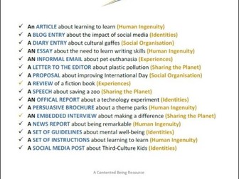 IB English B TEXT TYPES: 16 Exemplar texts and stimulus prompts