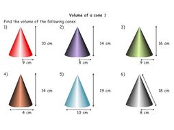 Finding the volume of a cone (3 x worksheets - with answers) | Teaching