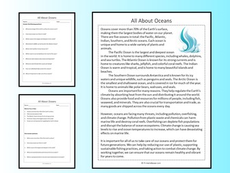 All About Oceans Reading Comprehension Passage Printable Worksheet