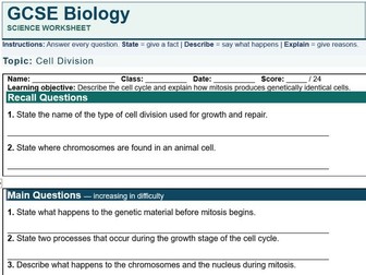 AQA GCSE Biology Cell Division & Mitosis Worksheet | Cell Cycle | Answers Included