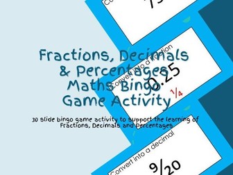 Fractions, Decimals and Percentages Maths Bingo Game Activity