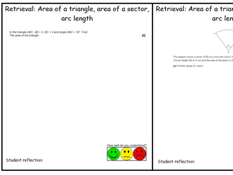 A Level Maths: Area of a sector & triangle and arc length retrieval sheet