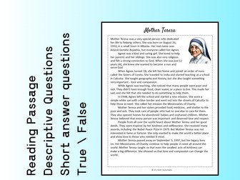 Mother Teresa Biography Reading Comprehension Passage Printable Worksheet PDF