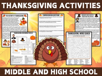 Thanksgiving Activities Puzzles Middle & High School Sub Plan Independent Work