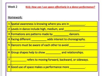 KS3 Dance Year 7 Homework Booklets