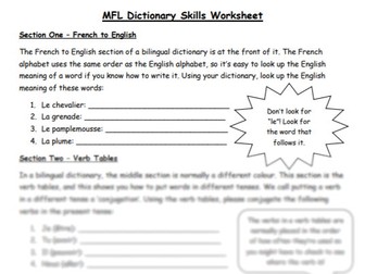 French Dictionary Skills Worksheet