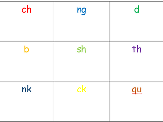Phonics bingo ch, sh, th, qu, nk, ng