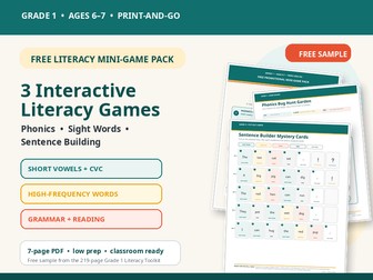 FREE Grade 1 Literacy Mini-Game Pack | Phonics, Sight Words & Sentence Building