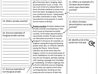 Christian worship guided read worksheet