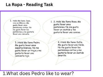 Spanish Reading Task / Assessment - Clothes / La Ropa