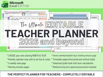 Ultimate Editable Teacher Planner | Microsoft Excel | 2026 & Beyond