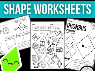 Kindergarten 2D Shapes Worksheet: RHOMBUS – Shape Sort, Shape Hunt, Math Center