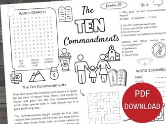 Ten Commandments Activity Placemat, Bible Worksheet