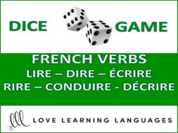 GCSE FRENCH: Dice Game - French Verbs LIRE - DIRE - ÉCRIRE - RIRE - CONDUIRE - DÉCRIRE