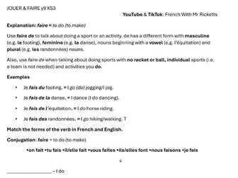 Loisirs 1 Sport - Y9 / KS3 worksheet FREE