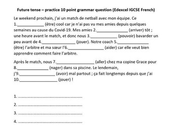 Edexcel IGCSE French grammar gap fill - sport and future tense (10 marks)