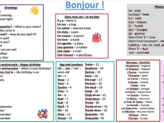 Year 7 French Knowledge organiser 'Bonjour'