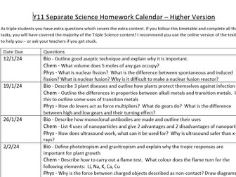 Separate Science Homework Calendar - Higher and Foundation Revision