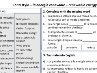 Renewable Energy / Green Technology in Spanish – Conti-Style Vocabulary & Practice Worksheet
