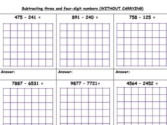 Subtraction worksheet- Three and Four digits