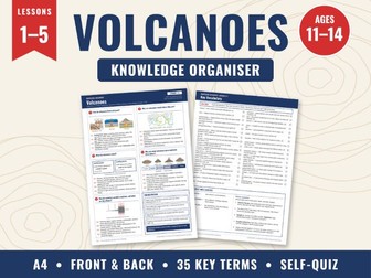 Volcanoes KS3 Knowledge Organiser – Lessons 1–5 | A4 Front & Back with Self-Quiz