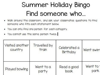 Summer Holiday Activity Bingo/Get to know/Find someone who