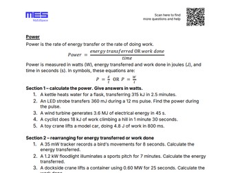 GCSE Physics AQA HT Topic 1: Energy - Power Worksheet