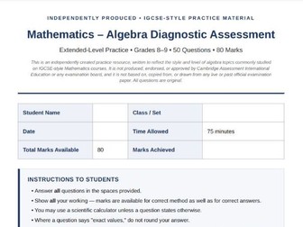 IGCSE-Style Mathematics –Algebra Diagnostic Assessment | Questions + Full Mark Scheme