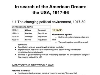 A-level Edexcel History - In search of the American Dream: the USA, 1917-96 - Condensed notes