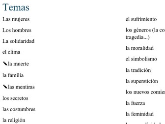 list of themes/characters, Volver
