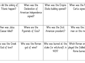 History Bingo Sheets and Questions (Trivia/Game)