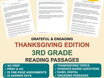 3rd Grade Reading Comprehension Passages | Thanksgiving Edition Bundle (25 Pack)