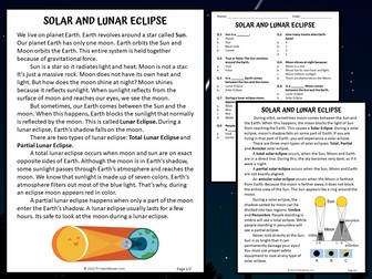Solar and Lunar Eclipse Reading Comprehension Passage and Questions - PDF