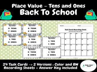 Place Value - Tens and Ones - Task Cards + Answer Key + Recording Sheets|Back to School | pre-school