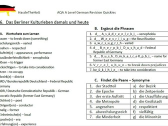 AQA A Level German Vocabulary worksheets - all topics
