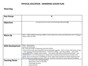 Year 6 Swimming Lesson Plans