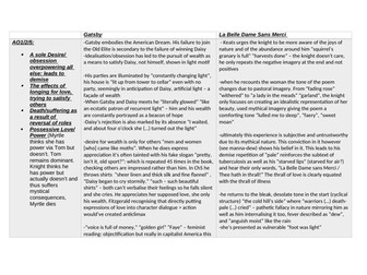 La Belle Dame & The Great Gatsby Analysis Comparison Revision Table