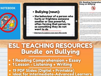 ESL Teaching Resources on Bullying - Lesson + Reading Comprehension Worksheet