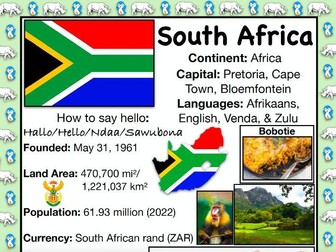 SOUTH AFRICA History & Geography, Travel The World Worksheet