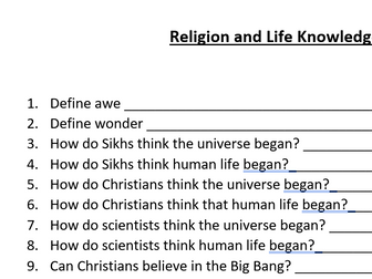 RS GCSE AQA Religion and Life knowledge quiz