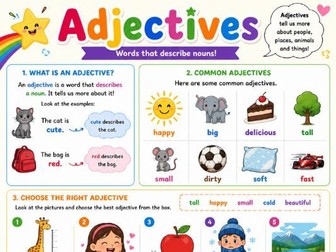 Bright & Fun Adjectives Worksheet for Beginner English/ESOL Learners.