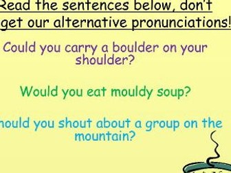 Phonics alternative pronunciations: a, y, ch, ou and tricky words many, laughed, because.