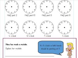 O'Clock and Half Past times. Differentiated Worksheets Year 1 (white rose)