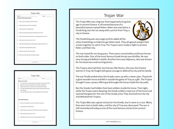 Trojan War Reading Comprehension Passage Printable Worksheet