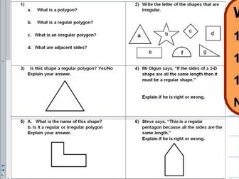 Regular and irregular polygons - reasoning- ks2 year 5 & 6 - SATS style - WORKSHEET ONLY