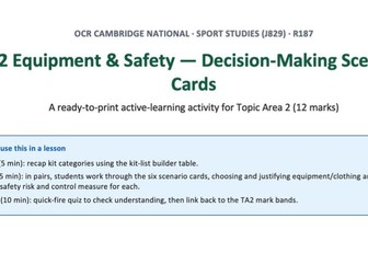 R187 TA2 Equipment & Safety Decision-Making Scenario Cards | OCR Cambridge National Sport Studies