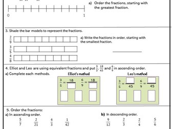 Core worksheet Year 5 Order fractions with answer sheets